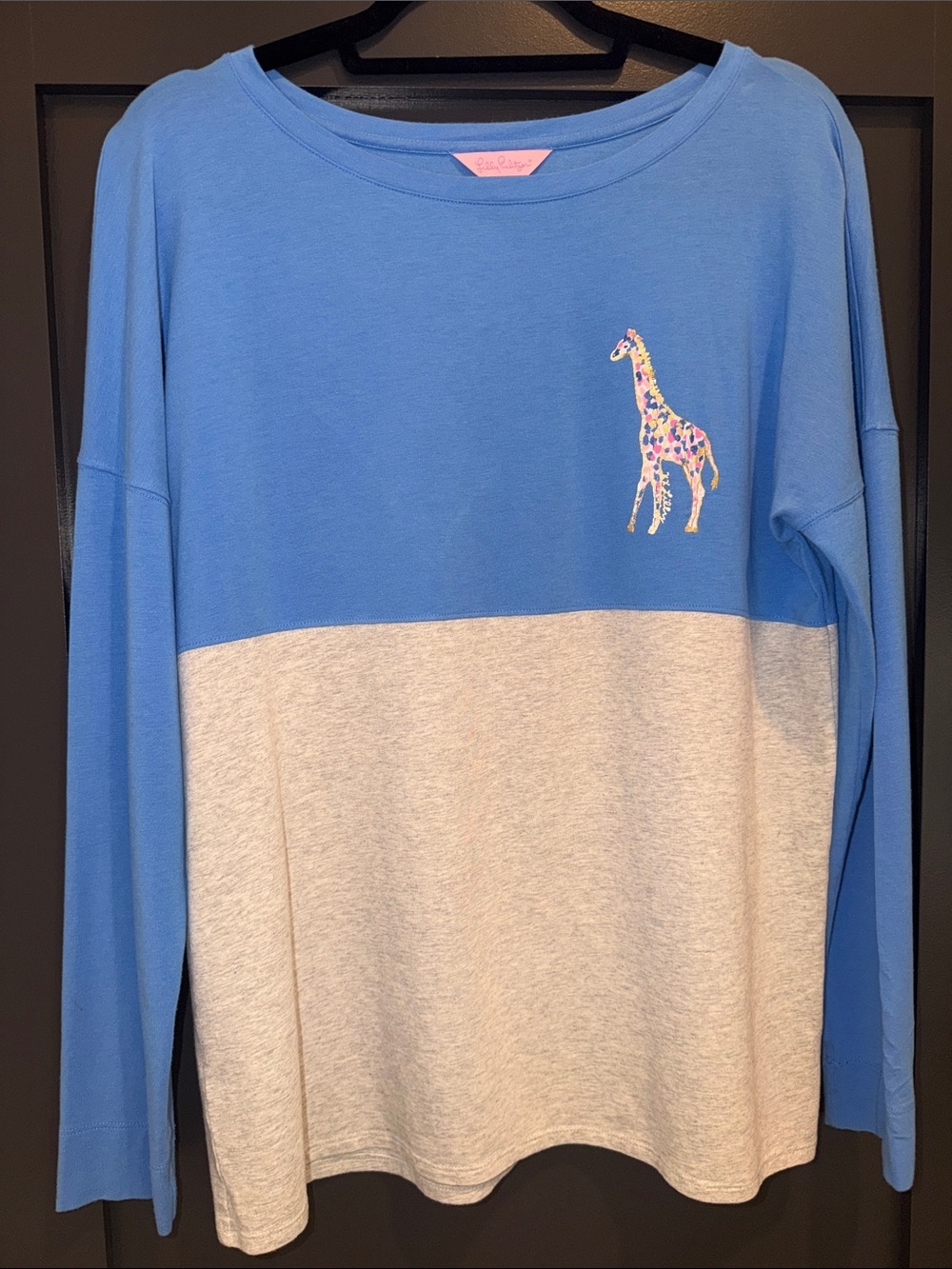 Lilly Pulitzer Blue and Light Gray Colorblock Long Sleeve Top with Giraffe